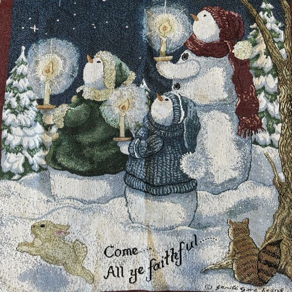 Vintage Artist Sandi Gore Evans “Come All Ye Faithful” Snowman Tapestry Blanket - Picture 6 of 8